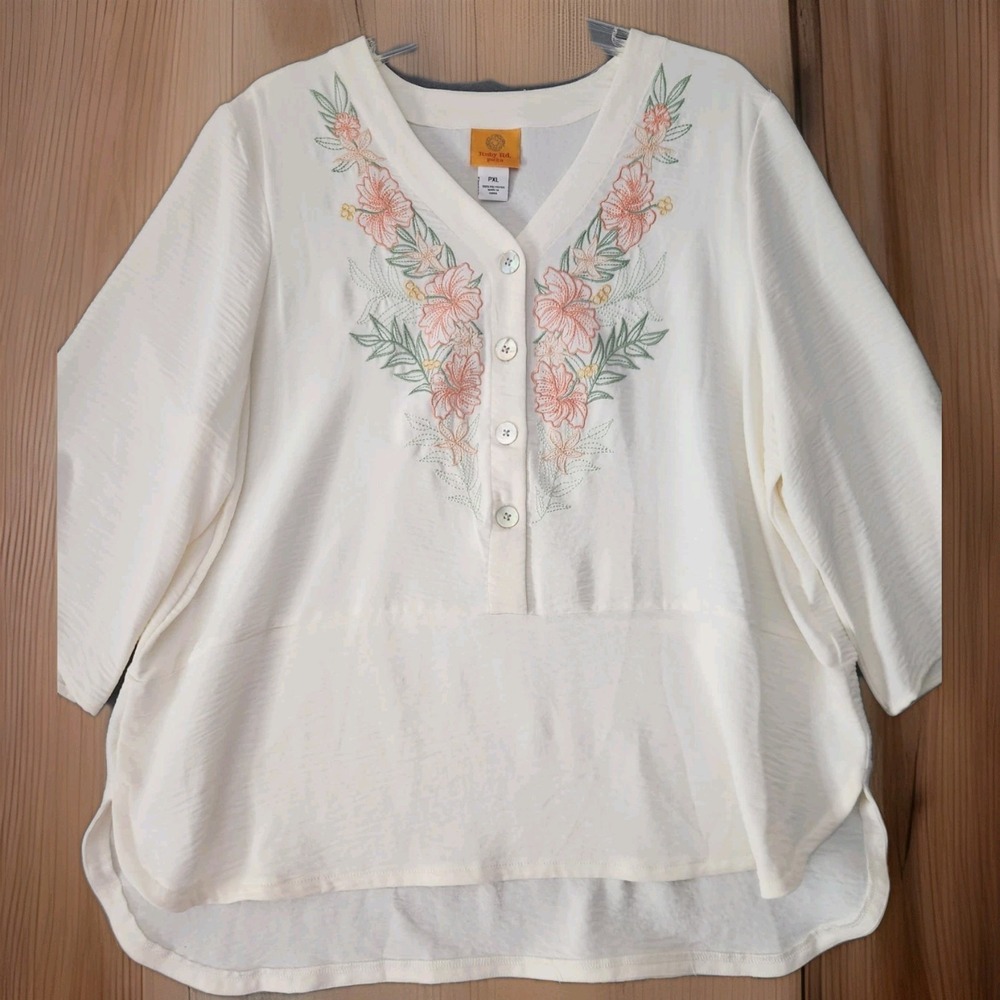 Ruby Rd Woman Blouse Sz PXL Off White Embroidered‎ Relaxed Gauze Tunic Top NWT